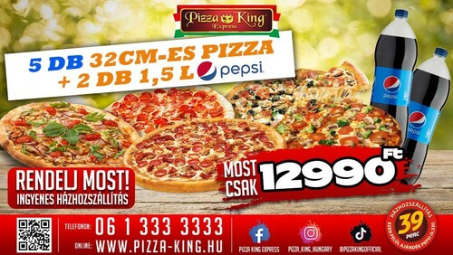 Pizza King Győr - 5 db normál pizza 2db 1,5l Pepsivel - Szuper ajánlat - Online order